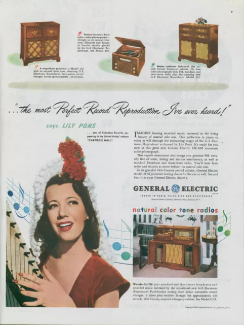 1947 General Electric Phonograph Radio Lily Pons Opera Star Vtg Print Ad C13