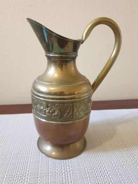 Vintage Large Brass And  Copper Pitcher Ewer Water  Vase Rustic Retro Kitchen