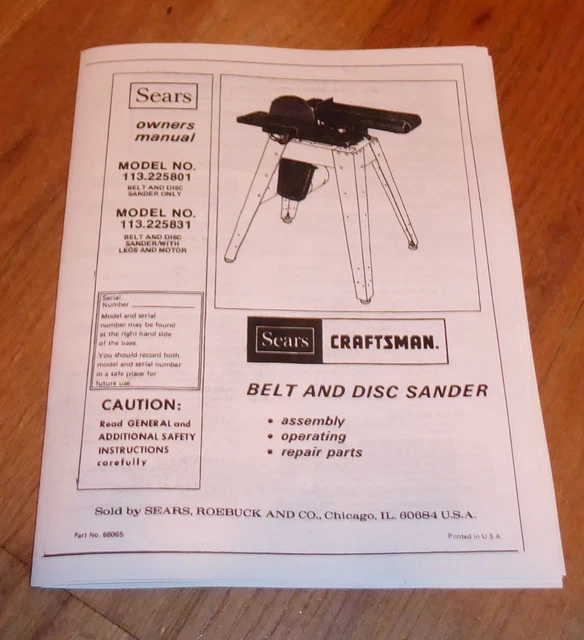 SEARS CRAFTSMAN BELT And Disc Sander Owners Manual 113.225801 225801