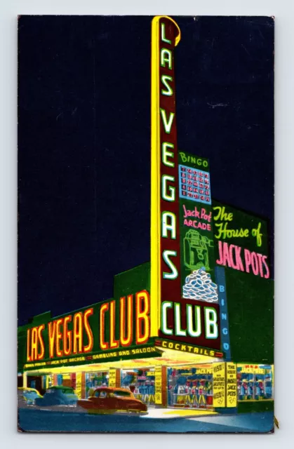 Postcard Nevada Las Vegas NV House Jackpots Neon Sign Night 1957 Posted Chrome