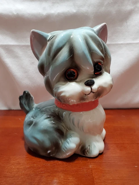 Vintage Porcelain Yorkie Puppy Dog Bank Aqua & White, Glass Eyes, Stopper, Japan