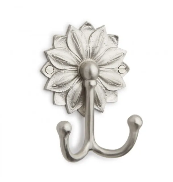 🔥 NEW Signature Hardware FLORAL SOLID BRASS DOUBLE COAT HOOK - SATIN NICKEL