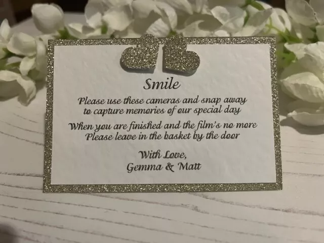 Wedding Disposable Camera Poem Cards - Gold Glitter Hearts - Pack of 10