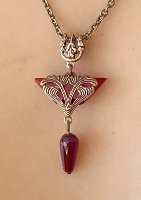 Vintage Necklace Delicate Art Nouveau Brass Pendant Antique Red Czech Glass