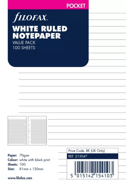 Filofax Taschenformat weiß liniert Notizbuch Wert Pack Mine 213047