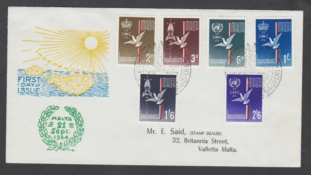Malta 1964 FDC First Day Cover Independence Full Set Dove Crown Cross Valletta