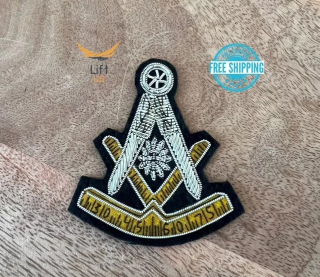 3" Masonic Past Master Emblem Silver Bullion Patch Hand Embroidered