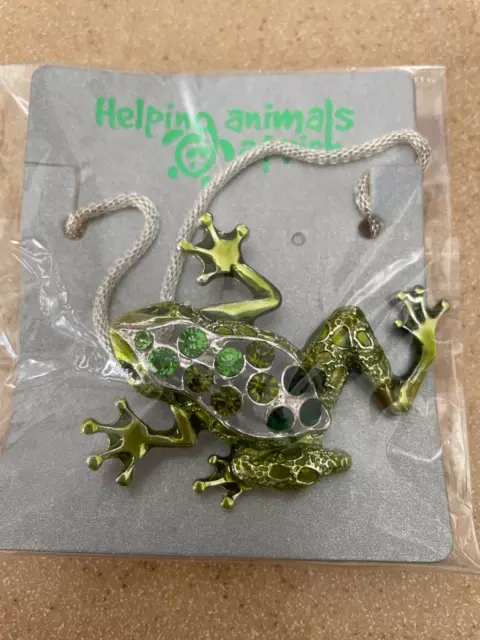 NIP Frog Green Rhinestone Pendant Necklace Helping Animals a Risk Large NEW M149