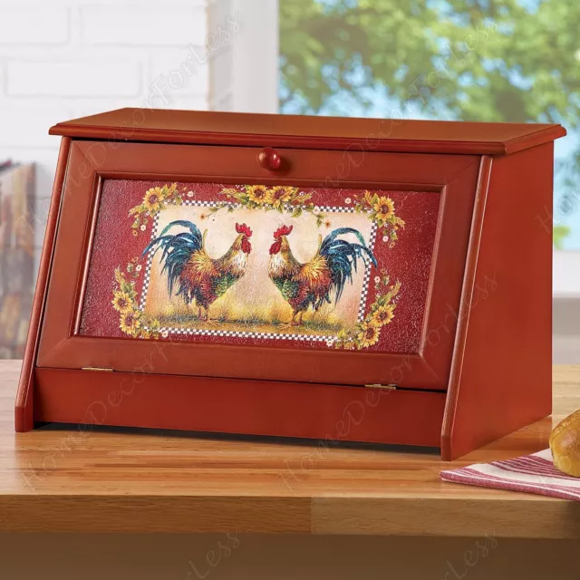 Wooden Country Rooster Bread Storage Bin Box Farmhouse Kitchen Pantry Home Decor