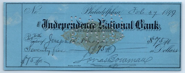 Antique Check Vintage Ephemera Independence National Bank Philadelphia PA 1899