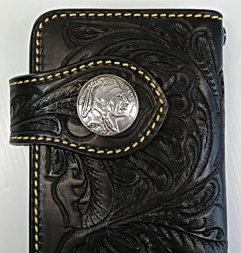 Black Indian Chief  Western Tooled Genuine Leather Mens Long Wallet Biker Cowboy