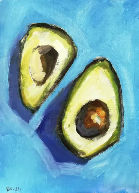 Original Oil Painting Food Still Life Avocado Kitchen Art Impressionism Signed