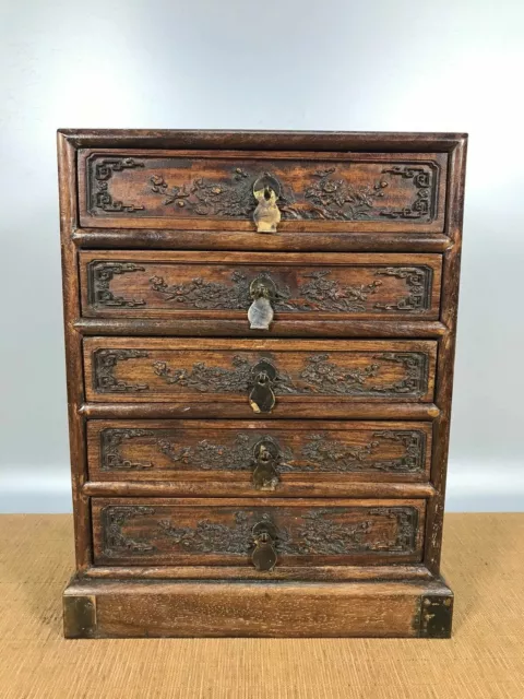 11.4" Antique Old China huanghuali wood Hand Carved flower bird Five Dou Chests