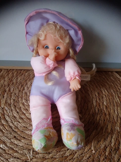 Doudou poupée chiffon mauve rose fleurs petite nattes 25 cm Vintage