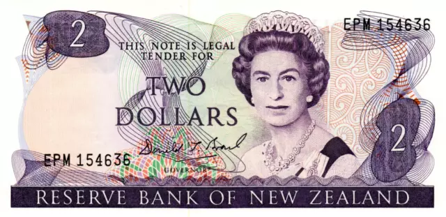 New Zealand $2 Dollars ND(1985) UNC Banknote P-170b Prefix EPM Brash Sig. QEII