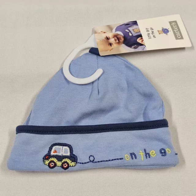 VTG Carters Little Guy on the Go Blue Car Beanie Hat Cap 3-6-9 Baby Boy Gift NEW