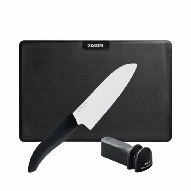 Cuchillo de cerámica Kyocera hoja de longitud 14 cm + afilador de diamantes + tabla de cortar negra