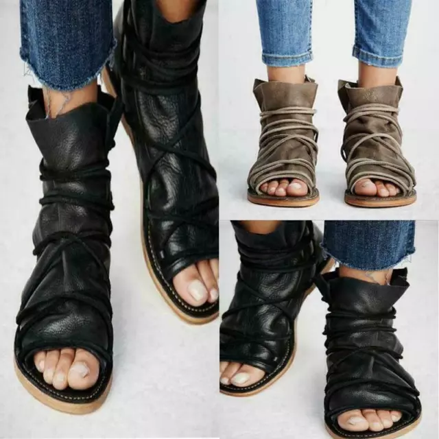 Women's Lace Up Strappy Platform Sandals Open Toe Ankle Strap Flat Beach  Shoes