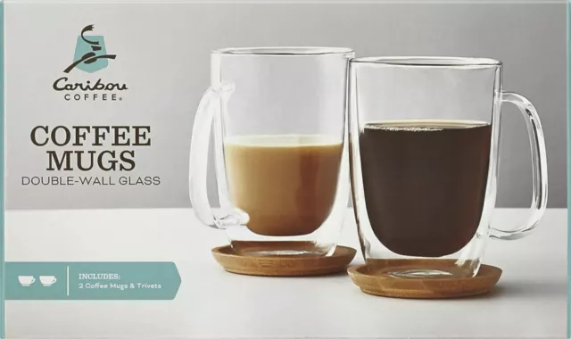 NEW 2-Pack Caribou Coffee 12 oz. Double Wall Glass Coffee Mugs w/ Wood Trivets