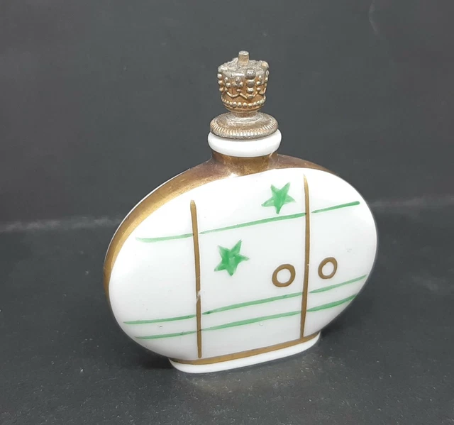 Art Deco German Porcelain Crown Top Scent Bottle Green Stars & Gold Rings Art Deco German Porcelain Crown Top Scent Bottle Green Stars & Gold Rings