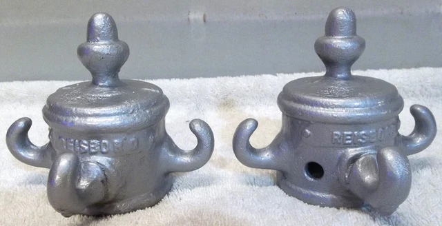 Pair of Antique Reisbrod Cast Iron Clothesline Acorn Top Pole Caps Hooks