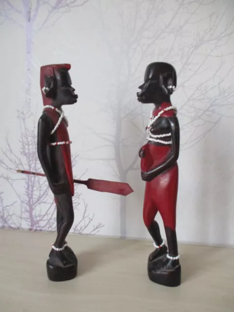 Vintage African Hand Carved Wood " Man & Woman " Red & Black - 23Cms Tall - Vgc