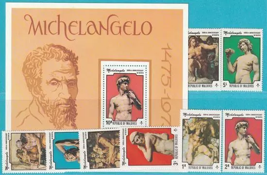 Malediven aus 1975 ** postfrisch MiNr. 613-620 + Bl. 35 Gemälde Michelangelo