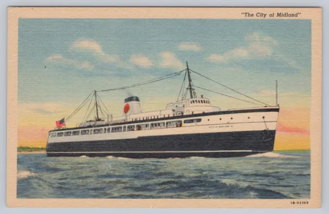 c 1930s City of Midland Steamer Steamship Vtg Linen Postcard Lake Michigan