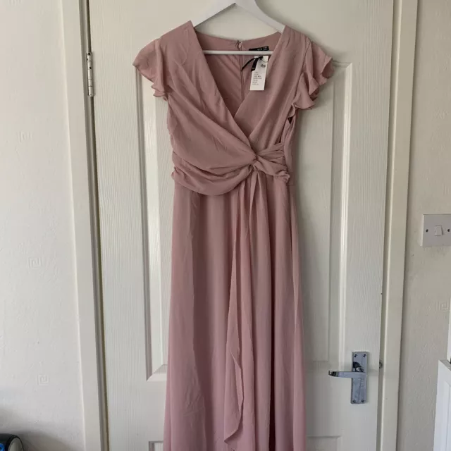 TFNC Bridesmaid Juba Flutter Sleeve Ruffle Detail Maxi Dress Size UK10 Blush