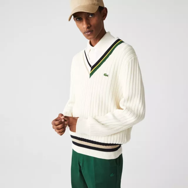 LACOSTE CLASSIC V-NECK Coloured Details Ribbed Knit Sweater Jumper ...