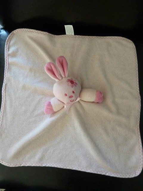 Ni1- DOUDOU PLAT EN EPONGE LAPIN ROSE MFG AVEC GRELOT FLEUR BORD VICHY - TBE