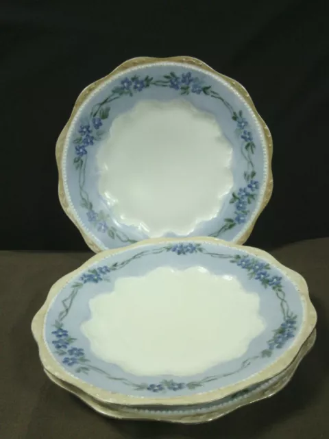 (3) Antique Silesia Porcelain Hand Painted Blue Floral Scalloped Plates,Germany
