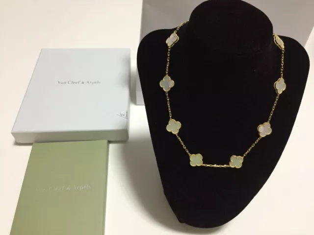 Authentic Van Cleef & Arpels 18K YG Alhambra Mother Of Pearl 10 Motifs Necklace