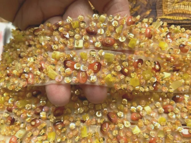 *Embroidered Hand Sewn Sequins 1" Trim Glass Beads Yellow Harvest 1 yd