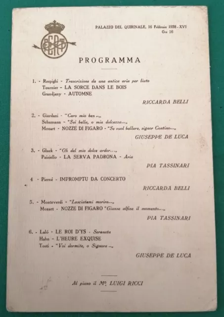 Palazzo del Quirinale - Programma Ufficiale Spettacolo del 16 Febbraio 1938