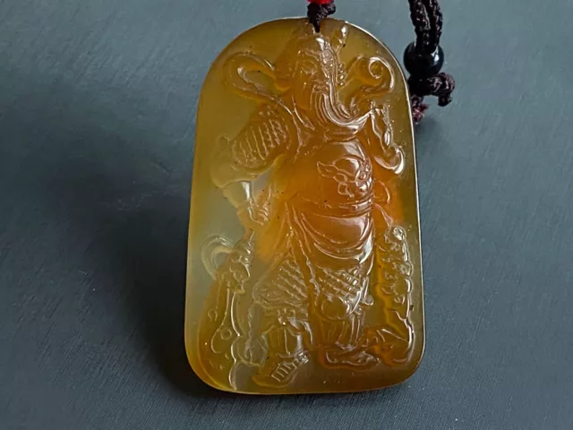 Certified Jade Agate Carnelian Warrior God (Guan Yu) Amulet Pendant  7550