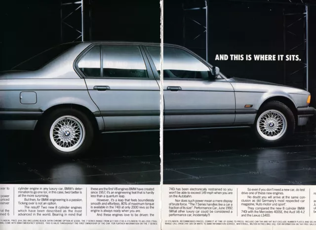 1992 BMW 740i V-8 Saloon, Lovely 2-Page (separated) UK Issue Car Magazine Ad