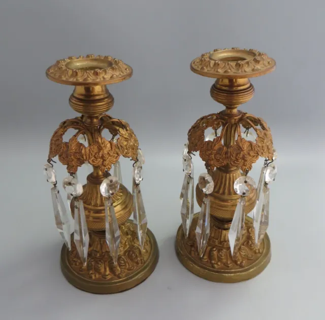 Pair of Regency Period Gilt Metal Candlesticks with Cut Glass Lustre Drops c1820 2