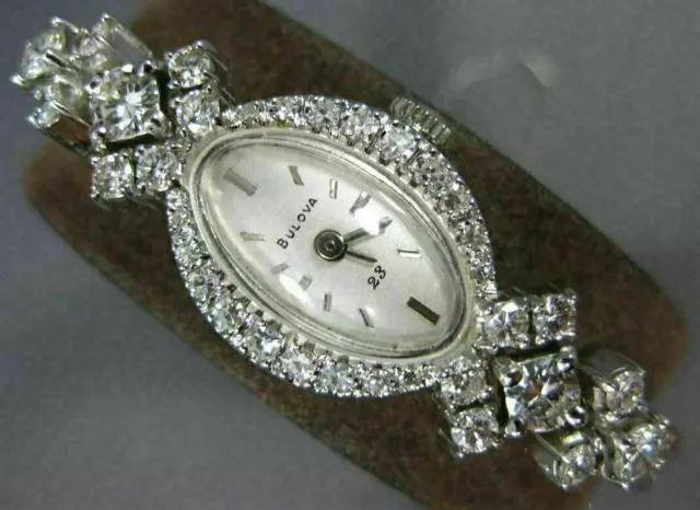 Antique Large Bulova 2.17Ct Diamond 14K White Gold 3D Art Deco Oval Watch #26627