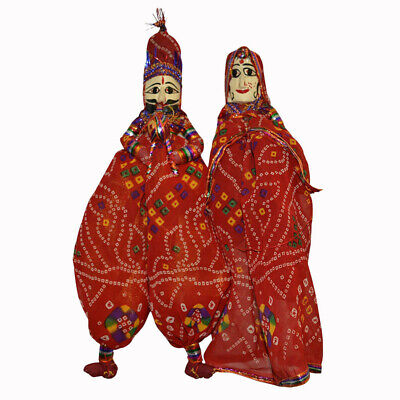 Rajasthani Ethnic Wooden Puppet Dolls Pair Face String Kathputli Handmade