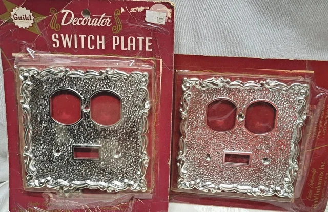 2 VTG Guild Industries Silver Outlet Cover Switch Plates New Old Stock Ornate