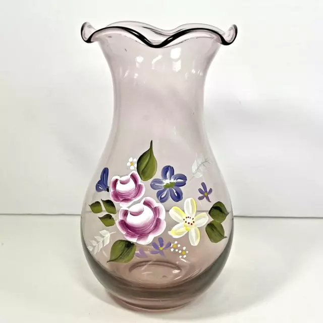 Fenton For Teleflora Amethyst Purple Hand Painted 8" Floral Vase Ruffled Edges