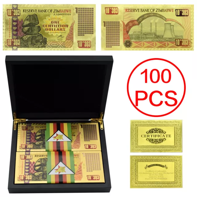 100pcs/box Zimbabwe One Centillion Dollars Gold Banknotes with UV Light Crafts