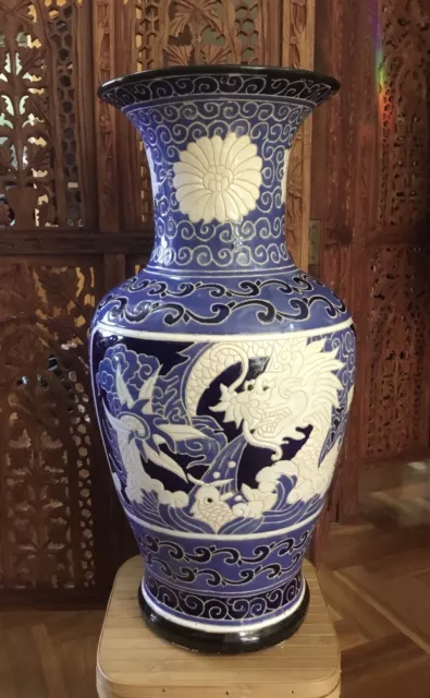 Sale - Vintage Handmade Dona Blue And White Ceramic Floor Vase