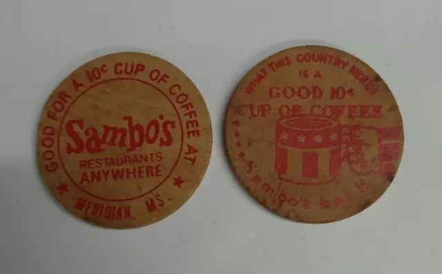 Vintage SAMBO'S RESTAURANT 10c Coffee 2 WOODEN NICKEL Token Coin MERIDIAN  MS.