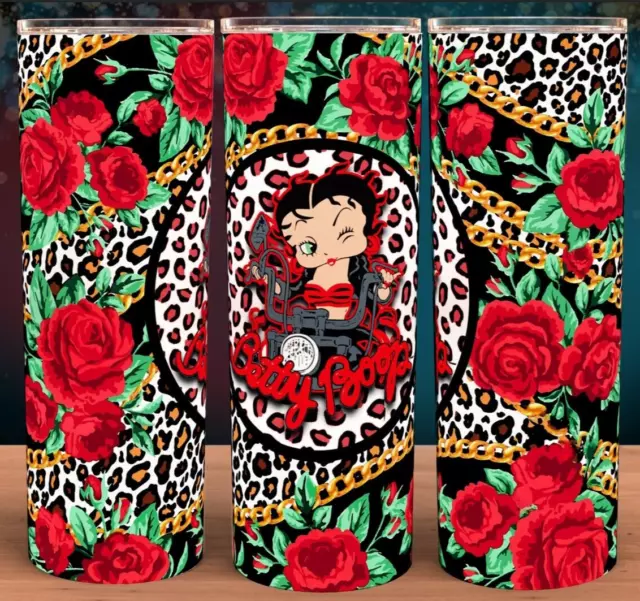 Biker Betty Boop Red Roses and Gold Chain Cheetah Print Cup Mug Tumbler 20oz