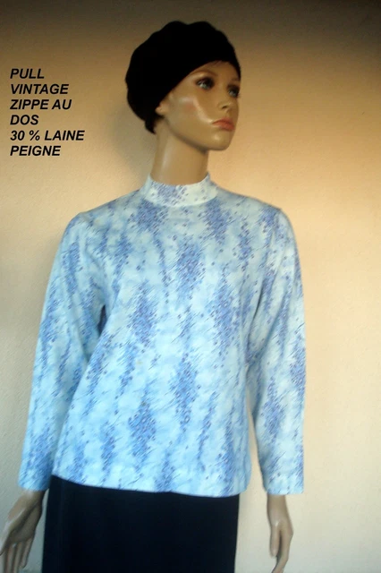 Pull Léger Asymétrique Gris Clair Imprimé Bleu - 30% Mohair - Taille 36/38 - NEUF Avec étiquettes