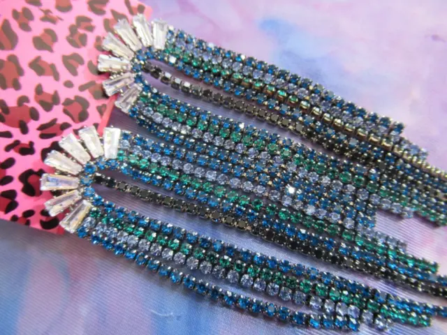 Betsey Johnson Lovely Crystal Rhinestone Blue Green Black Tassel Earrings Nwt