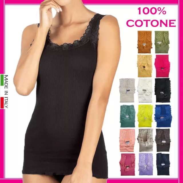 Canottiera Donna Spalla Larga a Costina Top 100% Cotone Canotta Intima in Pizzo