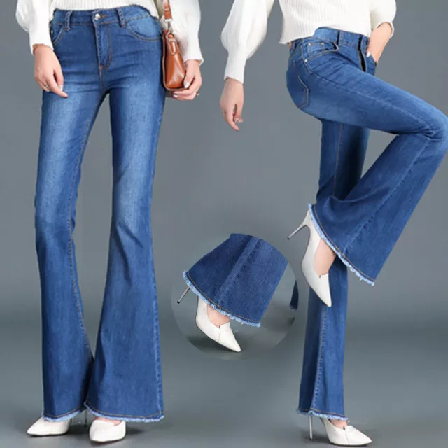 Women's Flare Denim Bootcut Jeans Bell Bottom Wide Leg Faded Pants Long Trousers